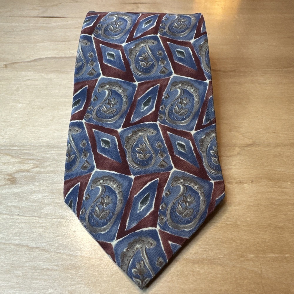 Vintage Paisley Silk Tie 1980s Bill Blass Blue Gray, Reddish Print Necktie